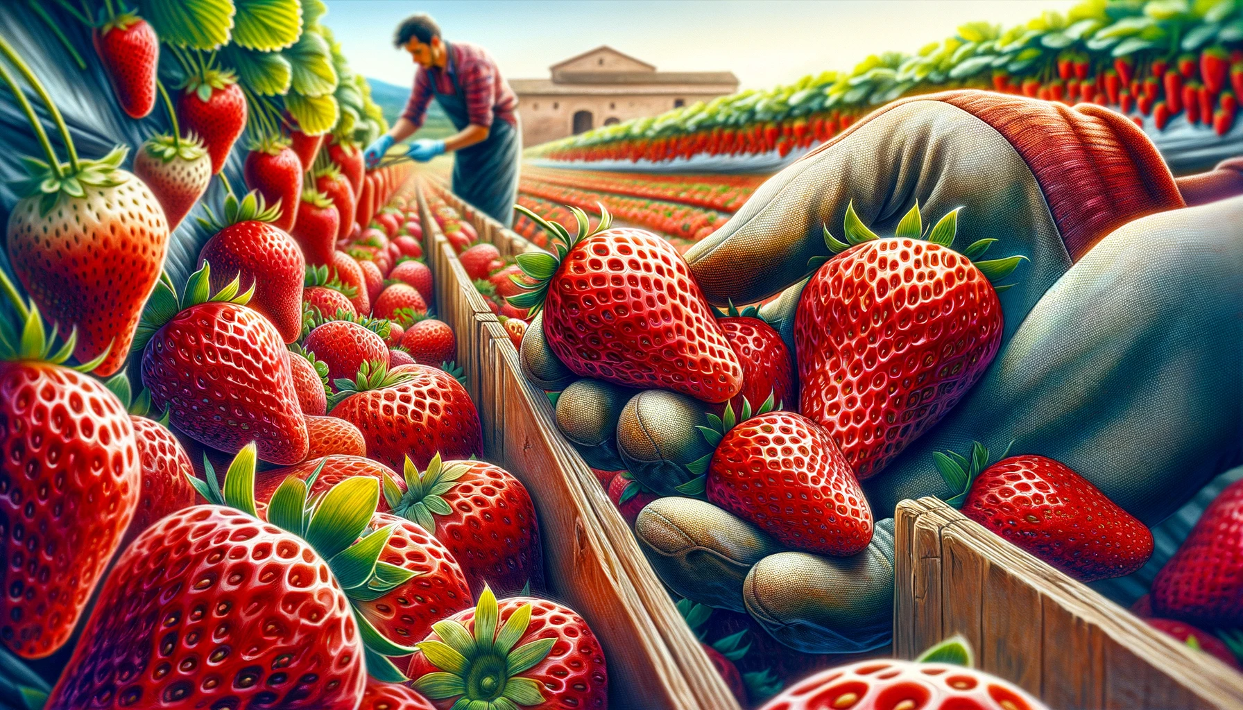 Spanish Garden Strawberry Farm - A vivid and detailed wide aspect closeup illustration of 'Spanish Garden Strawberry Farm'. The scene focuses on the vibrant red strawberries, showing (2)