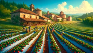 Spanish Garden Strawberry Farms - A vivid and detailed wide aspect illustration of 'Spanish Garden Strawberry Farm'. The scene captures a lush and expansive strawberry farm in Spain, u (2)