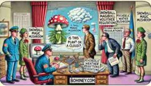 BOHINEY NEWS-- A satirical, Bohiney Magazine-style wide-aspect illustration of a government office where bureaucrats are struggling to classify the Snowball ma -- Magic Mushrooms